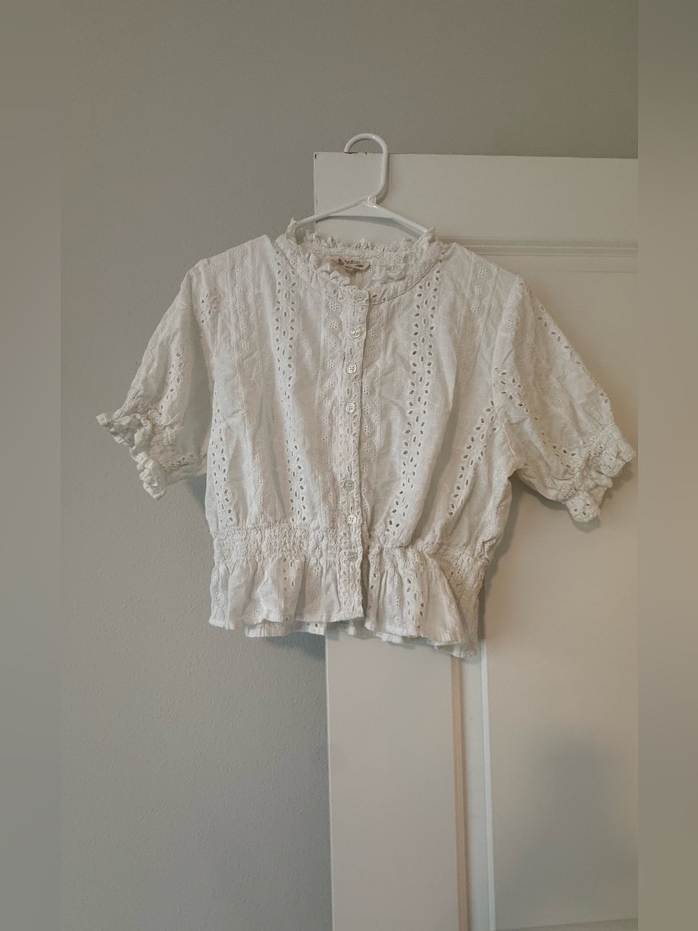 Rebellion White Eyelet Button Front Ruffled Crop Top